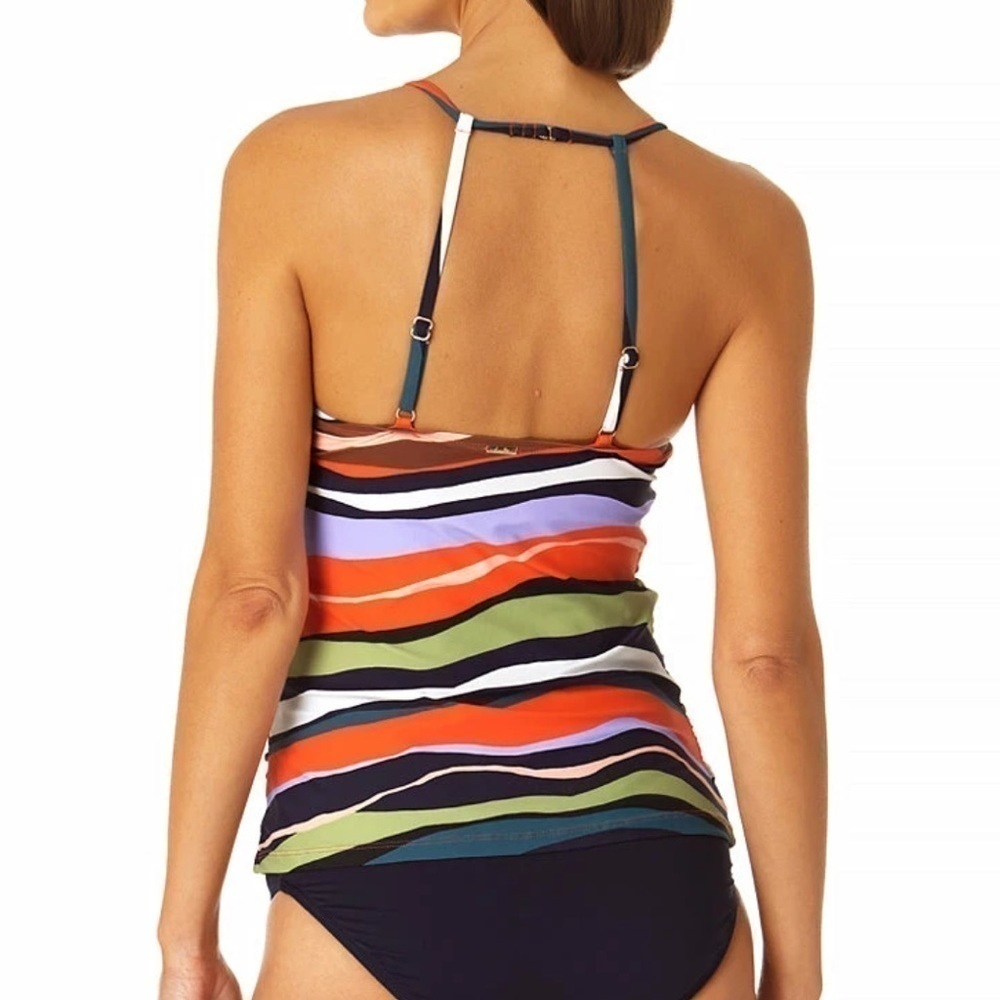 Women Swim Tankini Top ANNE COLE High Neck Ruched Striped Lined Front Wireless S - Picture 8 of 9